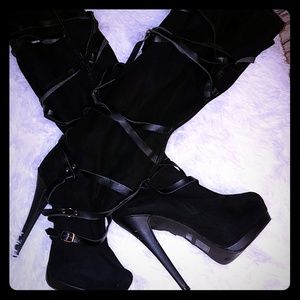 Thigh high black heel boots